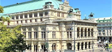 STAATSOPER-BLICK, Opernring, klimatisierte 5 Zimmer, Stehbalkon, Komplettküche, 2 Bäder mit WC, Flügeltüren, Parketten