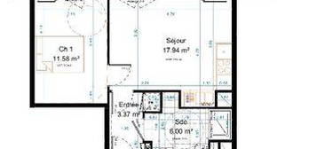 Appartement 2 pièces de 39 m2 avec terrasse de 9 m2 + jardin de 17 m2