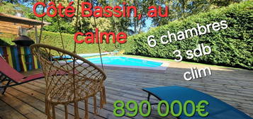 166 m2 côté Bassin, de plain-pied, au calme, piscine, climatisation, plage et tous commerces à pieds