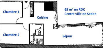 SEDAN Centre F3 65m² en RDC avec 2 chambres + 1 séjour. Petit Immeuble calme