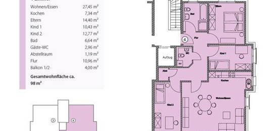 4 Zimmerwohnung ca. 98m² im Obergeschoss mit Tiefgarage und Stellplatz