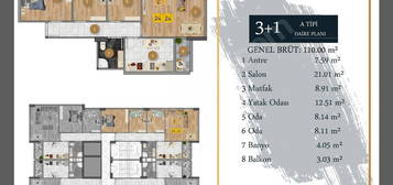 OSMANLI LİFE 2 Projesi 3+1 110m2 Balkonlu Satılık Daire