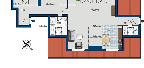 Stilvolle 2,5-Raum-Penthouse-Wohnung, teilmöbliert, mit Top-EBK und Innenausstattung, hell und ruhig