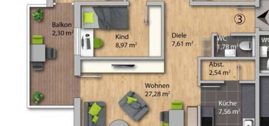 Schöne 3-Zimmer-Wohnung mit Einbauküche in Rosenbermit 2 Balkonen!