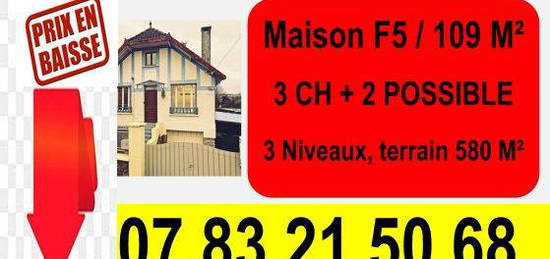 PRIX EN BAISSE : PAVILLON F5 / 3 ch + 2 POSSIBLE / 109 M2 / PONTHIERRY CENTRE 77310 SUR 580 M2 terrain clos DE PARTICULIERS A PARTICULIERS