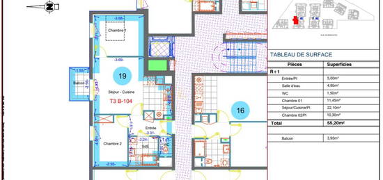 Appartement  à louer, 3 pièces, 2 chambres, 56 m²