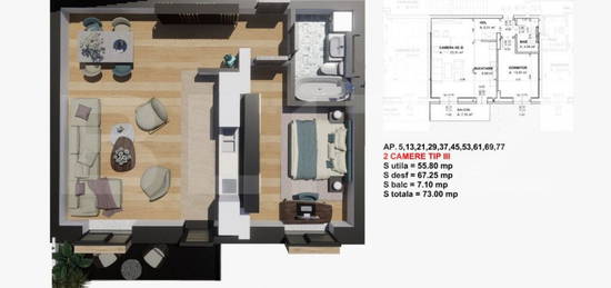 Comision 0% la cumparator! Apartament 2 camere, 63 mp, Satin