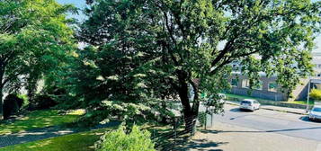 Blick auf Nordpark, Stellplatz, Balkon, Küche, frisch renoviert