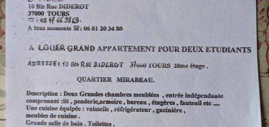 A louer grand appartement pour deux étudiants à tours