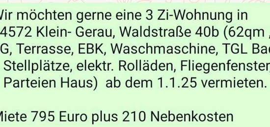 Vermiete 3-Zi Wohnung, EG, Terrasse, 62 qm, EBK, 2 Stellplätze