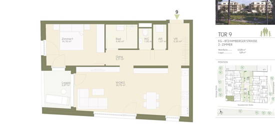 Südwestlich ausgerichtete &amp; geräumige 2-Zimmerwohnung mit Loggia im EG ab 01.12.2024