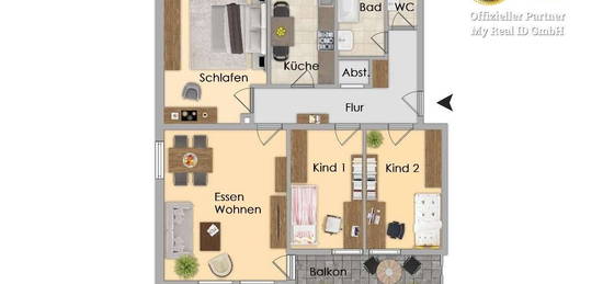 4-Zimmer-Wohnung mit Balkon, Küche, Bad, sep. WC, Kellerabteil